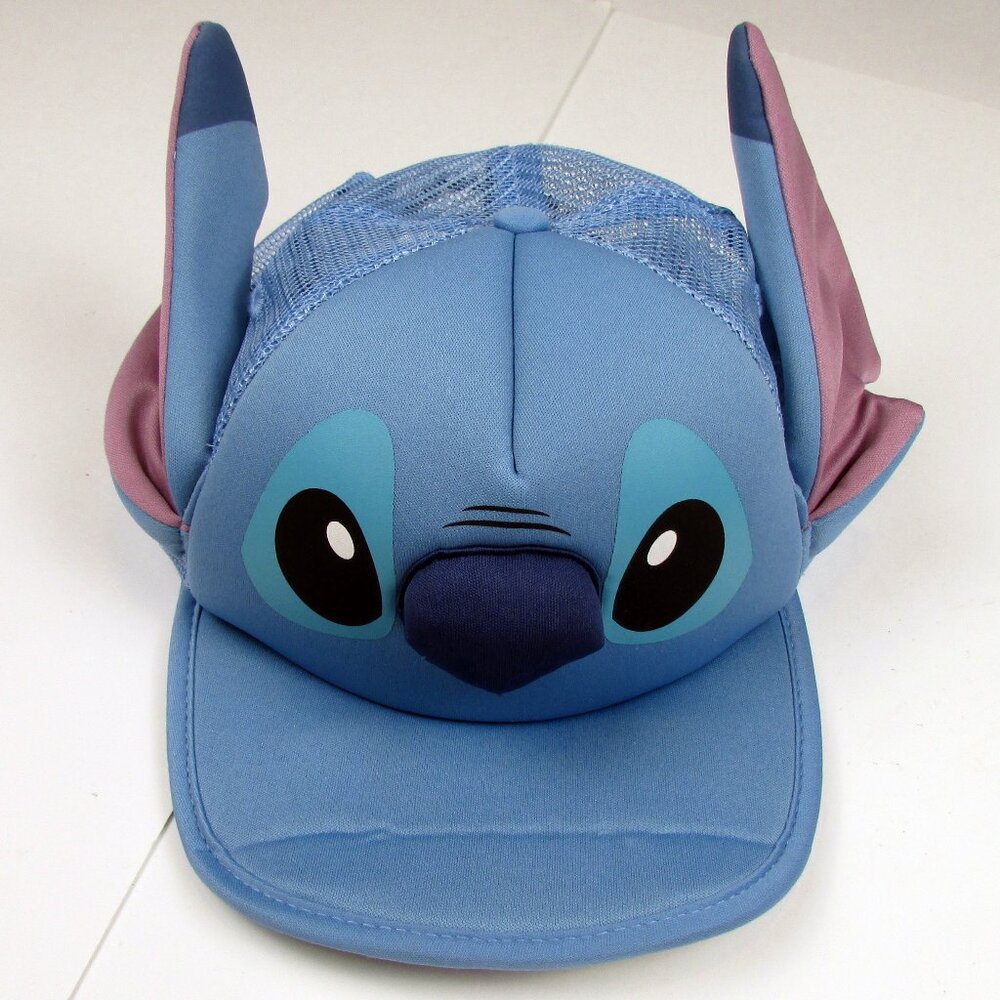 Disney Stitch Ears Mesh Back Trucker Hat Adult Flexible Mouth Brim Cute Rare